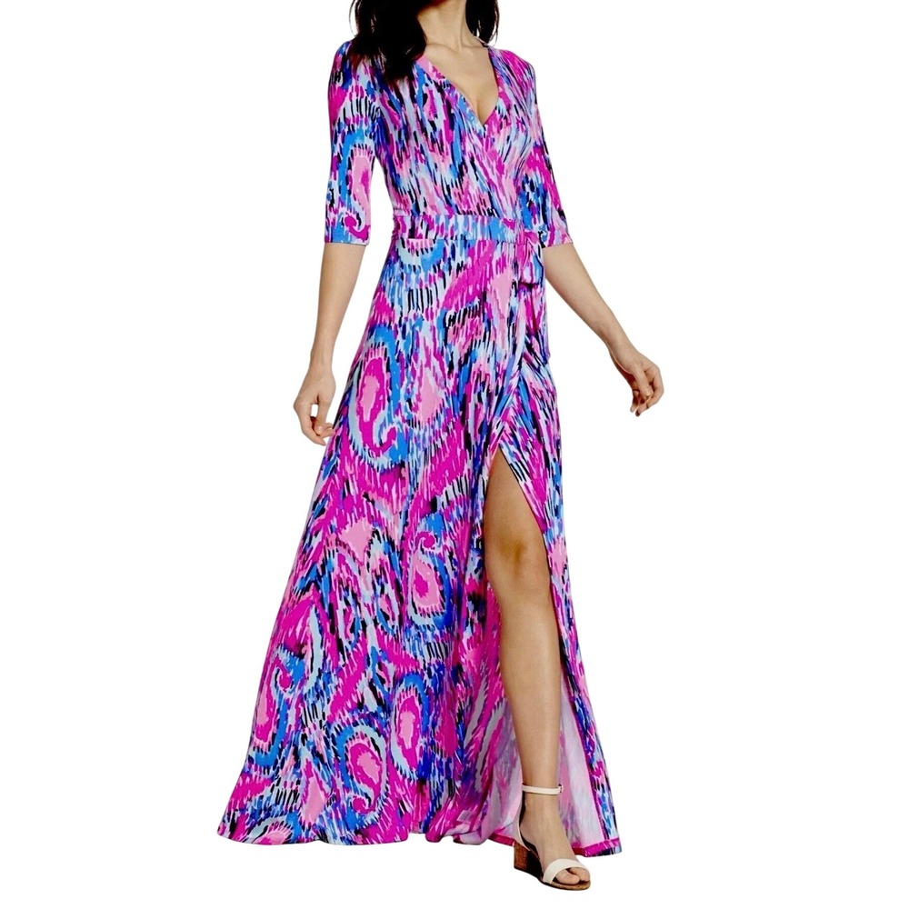 Lilly Pulitzer Marvista Wrap Maxi Dress XL Free Spirit Pink Blue Multi New